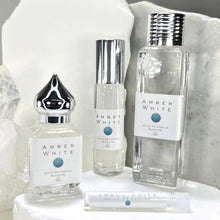Load image into Gallery viewer, Amber White Perfume Bottle options. 1 ml,, 10 ml Gift Bottle, 10 ml Roll On Bottle and 30 ml Gift Bottle.