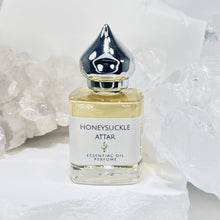Cargar imagen en el visor de la galería, Honeysuckle Attar, 15 ml Gift Bottle adorned with Sari Ribbon.  Essential Oil Perfume Perfect perfume gift for spring or summer.
