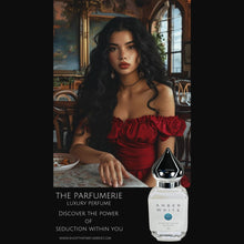 Load image into Gallery viewer, Amber White photo of elegant woman in a red dress wearing Amber White. Some say this is a pheromone perfume.