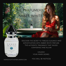 Load image into Gallery viewer, Amber White a summer fragrance. A photo of a woman in a summer dress holding Amber White bottle.