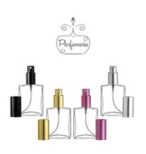 Cargar imagen en el visor de la galería, Perfume Bottles. Clear glass Flat Spray Bottles in sizes 1/2 oz. 1 oz., 2 oz. and 4 oz. Cap color options are Black, Gold, Purple and Silver.