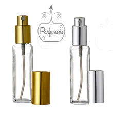 Cargar imagen en el visor de la galería, 1 oz. Tall Glass Perfume Bottles. Atomizer Spray Bottles. Gold and Silver Sprayer top with matching over cap. Atomizer Bottles perfect for Perfume Oils, Essential Oils, Fragrance Oils and Room Sprays.