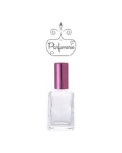 Cargar imagen en el visor de la galería, Small Perfume Bottle with clear glass. This Mini Perfume Bottle comes with a Purple Spray Top and Over Cap. A High Quality Spray Bottle that holds 1 oz. Perfume Oils, Essential Oils or Fragrance Oils.