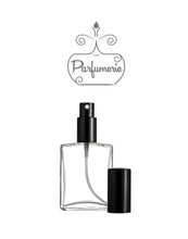 Cargar imagen en el visor de la galería, Clear glass Flat Spray Bottle in 2 oz.  This Perfume Travel Bottle has a Black Sprayer Top and Over Cap. Perfume Travel Bottle.