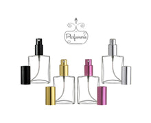 Cargar imagen en el visor de la galería, Perfume Travel Bottles. Clear glass Flat Spray Bottles in sizes 1/2 oz. 1 oz., 2 oz. and 4 oz. Cap color options are Black, Gold, Purple and Silver.