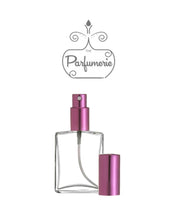 Cargar imagen en el visor de la galería, Refillable Perfume Bottle. Clear glass Flat Spray Bottle in 2 oz. This Travel Perfume Bottle has a Purple Sprayer Top and Over Cap.