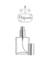 Cargar imagen en el visor de la galería, Refillable Cologne Bottle. Clear glass Empty Perfume Bottle in 2 oz. This Large Perfume Bottle has a Silver Sprayer Top and Over Cap.