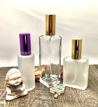 Cargar imagen en el visor de la galería, Assorted Perfume Bottles. Our focus is the 2 oz. Perfume Spray bottle. Frosted Glass with Purple Atomizer Sprayer Top and Over Cap for Perfume Oils, Essential Oils or Fragrance Oils.