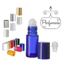 Load image into Gallery viewer, 5ml Blue Glass Roller Bottles with Plastic Rollerball Inserts and Cap options of Plastic Black, Blue, Glitter-Gold/Silver, Gold/Silver/Brushed Silver Shiny Metal, Green, Orange, Pink, Purple, Red, White, White Pearl and Yellow.