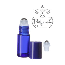 Load image into Gallery viewer, 5 ml Blue Glass Roll On Bottle with Stainless Steel Rollerball Insert and Blue Cap for Perfume Oils.