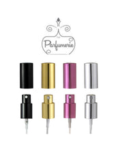 Cargar imagen en el visor de la galería, Sprayer Tops with Over Caps in Black, Gold, Purple and Silver. 18/415 size for Perfume Bottles.