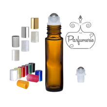 Load image into Gallery viewer, 10 ml Amber Roll On Bottle with Steel Inserts and Cap Color Options