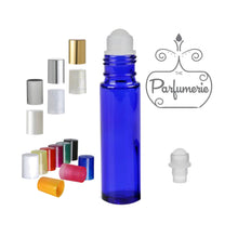 Load image into Gallery viewer, Cobalt Blue Roller Bottle 10 ml with Plastic Rollerball and Color Cap Options