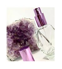Cargar imagen en el visor de la galería, Perfume Bottle. Diamond Glass Atomizer Spray Bottle with a Purple spray top and over cap. Sizes available are 1/2 oz., 1 oz. and 2 oz.