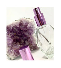Cargar imagen en el visor de la galería, Perfume Bottle. Diamond Glass Atomizer Spray Bottle with a Purple spray top and over cap. Sizes available are 1/2 oz., 1 oz. and 2 oz.
