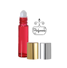 Load image into Gallery viewer, Red 10 ml Roll On Bottle with Plastic Rollerball Insert and Metallic Shiny Gold and Silver Caps