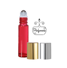 Load image into Gallery viewer, Red Roll On Bottle with Steel Rollerball Insert and Metallic Shiny Gold or Silver Caps