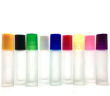 Load image into Gallery viewer, Frosted Roll On Bottle with Color Cap Options Available for Wholesale. Make this your Private Label Brand Bottle!