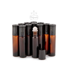 Load image into Gallery viewer, Amber Roller Bottle with UV Protection, Plastic Inserts and Black Caps