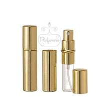 Cargar imagen en el visor de la galería, Metallic Perfume Bottles. 12 ml Atomizer Spray Bottles. Metallic Gold. Inner chamber holds the Perfume Oils, Essential Oils or Fragrance oils for Perfumes, Colognes, Room Sprays, Car Refreshers and Pillow Mists.