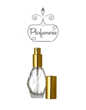Cargar imagen en el visor de la galería, Diamond Glass Atomizer Perfume Bottle with a Gold spray top and over cap. Sizes available are 1/2 oz., 1 oz. and 2 oz.