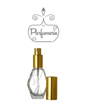 Cargar imagen en el visor de la galería, Diamond Glass Atomizer Perfume Bottle with a Gold spray top and over cap. Sizes available are 1/2 oz., 1 oz. and 2 oz.