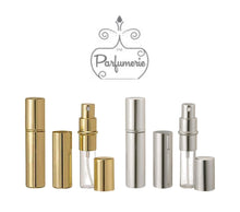 Cargar imagen en el visor de la galería, Metallic Perfume Bottles. 12 ml Atomizer Spray Bottles. Metallic Gold or Metallic Silver options. Inner chamber holds the Perfume Oils, Essential Oils or Fragrance oils for Perfumes, Colognes, Room Sprays, Car Refreshers and Pillow Mists.