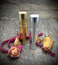 Cargar imagen en el visor de la galería, Metallic Perfume Bottles. 12 ml Atomizer Spray Bottles. Metallic Gold or Metallic Silver options. Inner chamber holds the Perfume Oils, Essential Oils or Fragrance oils for Perfumes, Colognes, Room Sprays, Car Refreshers and Pillow Mists.