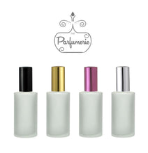 Cargar imagen en el visor de la galería, Perfume Bottles. 2 oz. Perfume Spray bottles. Frosted Glass with Black, Gold, Purple and Silver Atomizer Sprayer Tops and Over Caps for Perfume Oils, Essential Oils or Fragrance Oils.