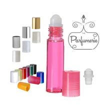 Load image into Gallery viewer, Lip Gloss Roller. Pink 10 ml Roll On Bottle with Plastic Rollerball Insert and Color Cap Options. These Essential Oil Roller Bottles work wonderfully for Perfume Oils, Essential Oils, Fragrance Oils, Lip Gloss, Lip Oils and so much more.