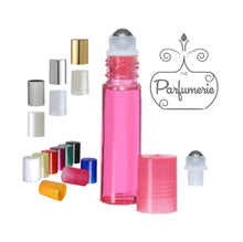 Load image into Gallery viewer, Lip Gloss Roller. Pink 10 ml Roll On Bottle with Steel Rollerball Insert and Color Cap Options. These Essential Oil Roller Bottles work wonderfully for Perfume Oils, Essential Oils, Fragrance Oils, Lip Gloss, Lip Oils and so much more.