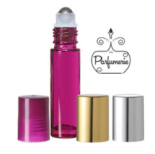 Load image into Gallery viewer, Purple Roll On Bottle with Stainless Steel Rollerball Insert and Purple, Metallic Gold and Metallic Silver Caps
