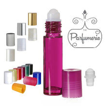 Load image into Gallery viewer, Lip Gloss Roller. Purple 10 ml Roll On Bottle with Plastic Rollerball Insert and Color Cap Options. These Essential Oil Roller Bottles work wonderfully for Perfume Oils, Essential Oils, Fragrance Oils, Lip Gloss, Lip Oils and so much more.