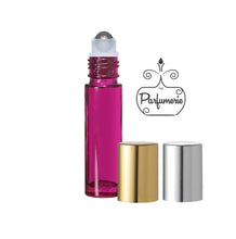 Load image into Gallery viewer, Purple Perfume Roller Bottle with Steel Rollerball Insert and Metallic Shiny Gold or Silver Caps