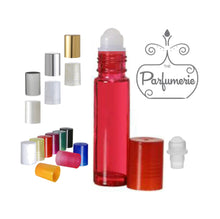 Load image into Gallery viewer, Lip Gloss Roller. Red 10 ml Roll On Bottle with Plastic Rollerball Insert and Color Cap Options. These Essential Oil Roller Bottles work wonderfully for Perfume Oils, Essential Oils, Fragrance Oils, Lip Gloss, Lip Oils and so much more.