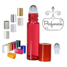 Load image into Gallery viewer, Lip Gloss Roller. Red 10 ml Roll On Bottle with Steel Rollerball Insert and Color Cap Options. These Essential Oil Roller Bottles work wonderfully for Perfume Oils, Essential Oils, Fragrance Oils, Lip Gloss, Lip Oils and so much more.
