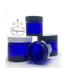 Load image into Gallery viewer, 1 oz  Cobalt Blue straight sided cosmetic jar with lined lid options. High quality UV proof glass. Safe for all essential oil products.