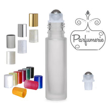 Load image into Gallery viewer, Frosted 10 ml Roll On Bottle with SteelRollers and Color Cap Options. Frosted Perfume Bottle can be a Roll On Fragrance.