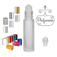Load image into Gallery viewer, Frosted 10 ml Roll On Bottle with Plastic Rollers and Color Cap Options. Frosted Perfume Bottle can be a Roll On Fragrance.