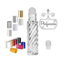Load image into Gallery viewer, Swirl Clear Glass 10 ml Roller Bottle with Plastic Rollerball Bottle Inserts and Color Cap Options for Perfume Oils, Essential Oils and Fragrance Oils as well as Lip Gloss and Lip Oils. Cap Color options are Metallic Silver, Gold and Brushed Silver, Glitter Gold and Silver, White and White Pearl, Yellow, Red, Purple, green, Black, Orange, Pink and Blue.