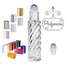 Load image into Gallery viewer, Swirl Clear Glass 10 ml Roller Bottle with Stainless Steel Rollerball Bottle Inserts and Color Cap Options for Perfume Oils, Essential Oils and Fragrance Oils as well as Lip Gloss and Lip Oils. Cap Color options are Metallic Silver, Gold and Brushed Silver, Glitter Gold and Silver, White and White Pearl, Yellow, Red, Purple, green, Black, Orange, Pink and Blue.