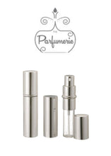 Cargar imagen en el visor de la galería, Metallic Perfume Bottles. 12 ml Atomizer Spray Bottles. Metallic Silver. Inner chamber holds the Perfume Oils, Essential Oils or Fragrance oils for Perfumes, Colognes, Room Sprays, Car Refreshers and Pillow Mists.