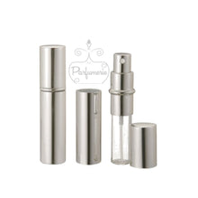 Cargar imagen en el visor de la galería, Metallic Perfume Bottles. 12 ml Atomizer Spray Bottles. Metallic Silver. Inner chamber holds the Perfume Oils, Essential Oils or Fragrance oils for Perfumes, Colognes, Room Sprays, Car Refreshers and Pillow Mists.