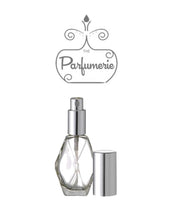 Cargar imagen en el visor de la galería, Diamond Glass Atomizer Perfume Bottle with a Silver spray top and over cap. Sizes available are 1/2 oz., 1 oz. and 2 oz.