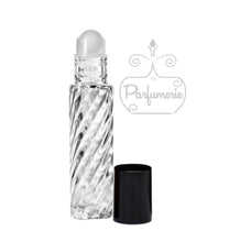 Load image into Gallery viewer, Swirl Clear Glass 10 ml Roller Bottle with Plastic Rollerball Bottle Inserts and Black Cap for Perfume Oils, Essential Oils and Fragrance Oils as well as Lip Gloss and Lip Oils.