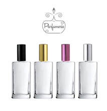 Load image into Gallery viewer, Perfume Bottles in size 3.4 oz. Atomizer Spray Bottles with Black, Gold, Purple and Silver Sprayer Tops with over cap. Clear Glass Large Perfume Bottles for Perfume Oils, Essential Oils and Fragrance Oils for your business, home, office or car!