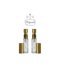 Cargar imagen en el visor de la galería, Perfume Bottles. 10ml Perfume Spray bottles. Swirl Glass with Gold Atomizer Sprayer Tops and Over Caps for Perfume Oils, Essential Oils or Fragrance Oils.