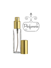 Cargar imagen en el visor de la galería, 1 oz. Tall Glass Perfume Bottle. Atomizer Spray Bottle. Gold Sprayer top with matching over cap. Atomizer Bottles perfect for Perfume Oils, Essential Oils, Fragrance Oils and Room Sprays.