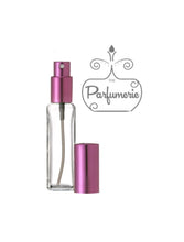 Cargar imagen en el visor de la galería, 1 oz. Tall Glass Perfume Bottle. Atomizer Spray Bottle. Purple Sprayer top with matching over cap. Atomizer Bottles perfect for Perfume Oils, Essential Oils, Fragrance Oils and Room Sprays.