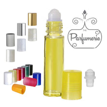 Load image into Gallery viewer, Yellow 10 ml Roll On Bottle with Plastic Rollerball Inserts. Roller bottles will have color cap options in Metallic Gold, Silver and Brushed Silver, Glitter Gold and Silver, Pearl White, White, Yellow, Red, Purple, Green, Black, Orange, Pink and Blue. These Perfume Bottles are the perfect bottle for Lip Gloss Containers, Lip oil Containers, Perfume Oils, Essential Oils and Fragrance oils as well as Tattoo Oils.
